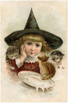 Vintage Halloween Clip Art Witch Girl Free Halloween Pictures, Vintage Halloween Cards, Three Kittens, Halloween Ephemera, Vintage Halloween Witch, Vintage Halloween Images, Black Cat Pumpkin, Carte Halloween, Halloween Clips