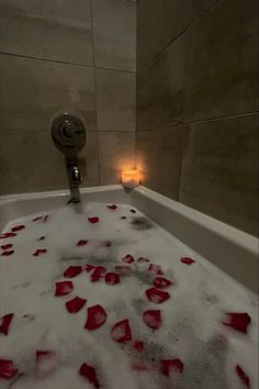 a bathtub filled with water and rose petals