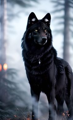 a black wolf standing in the middle of a forest with trees and lights behind it