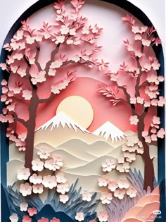 paper cut art with trees and mountains in the background