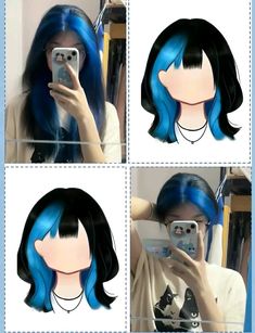 Cool Japanese Hair Color, Anime Inspired Hair Color, Hair Dye Placement Ideas, Hair Color Placement Ideas, Blue Hair With Bangs, Blue Hair Bangs, Blue Hair Tips, Two Color Hair Dye Ideas, Halo Hair Dye