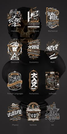 a black and gold poster with different types of logos on the front, back and sides