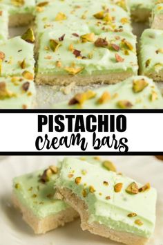 pistachio cream bars are topped with pistachio seeds and served on a white plate