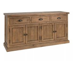 the sideboard is made from wood and has three drawers, two doors and one drawer