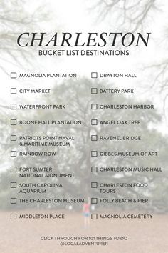 the charleston bucket list is shown in black and white with an image of a tree