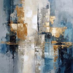 an abstract painting with gold and blue colors