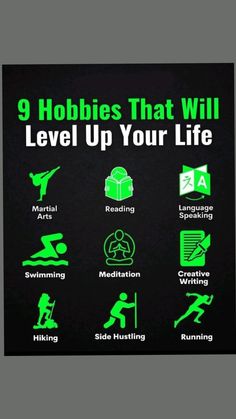 the 9 hobie's that will level up your life poster is shown in green