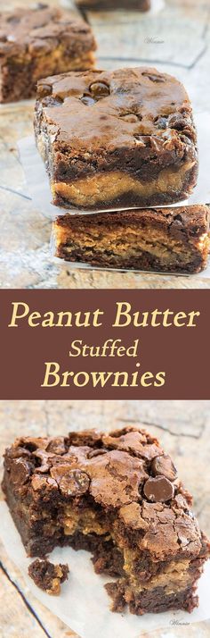 chocolate peanut butter brownies are stacked on top of each other