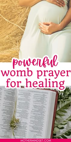 a pregnant woman is holding her stomach while reading a book with the words powerful word prayer for