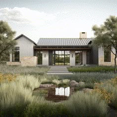 an artist's rendering of a house in the middle of a field with trees and grass