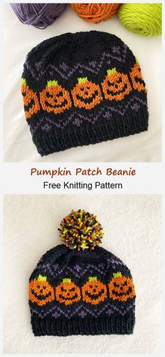 two knitted hats with pumpkins on them, one is black and the other is orange