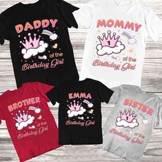 "This \"Daddy Mommy Sister Brother Of the Birthday Girl\" custom personal age birthday shirt is the perfect way to celebrate a special family member's big day in a matching birthday party family shirt. This custom t-shirt design is made from high-quality materials, ensuring that it is comfortable and durable. It comes in a range of sizes and colors, so family members can choose the perfect one to fit their style. The shirt design features a personalized message that celebrates the birthday girl's age, and the names of her family members. It creates a fun and personalized touch that will make the birthday girl feel extra special on her big day. The matching birthday party family shirt set is perfect for taking family photos or making a statement at the birthday celebration. It is also a gre Family Shirt, Custom Tshirt Design, 1st Birthday Girls, Sister Brother, Birthday Shirt, Birthday Girl, Family Shirts, Birthday Shirts, Family Members