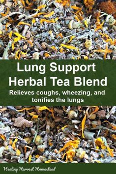 the front cover of lung support tea blend with orange and green leaves in it, surrounded by mulchs