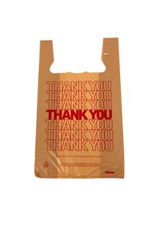 a brown bag with thank you written on the front and bottom, sitting on a white surface