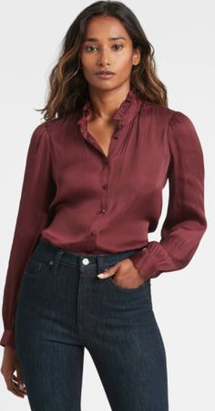 Sleek Slim Fit Tops For Workwear, Sleek Slim Fit Tops For Work, Feminine Solid Color Formal Tops, Elegant Slim Fit Shirt For Night Out, Solid Color Slim Fit Button-up Top, Sleek Tops With Button Closure For Night Out, Sleek Stretch Tops For Office, Sleek Fitted Fall Shirt, Fitted Sleek Shirt For Fall