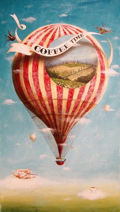 a painting of a hot air balloon with the words coffee time painted on it's side