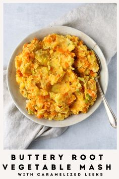 mashed root vegetables with caramelized licks in a white bowl on top of a gray napkin