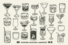 various types of cocktails and drinks in glasses