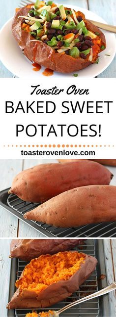 baked sweet potatoes on a grill with text overlay that reads toaster oven baked sweet potatoes