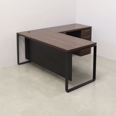 an open l - shape laminate executive desk with two drawers