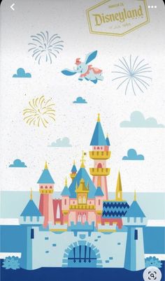 the disneyland castle is shown with fireworks in the sky above it and an image of a fairy