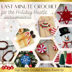 a collage of crochet christmas ornaments and gifts for the holiday hustle