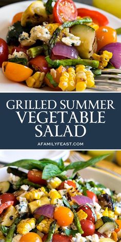 grilled summer vegetable salad on a white plate