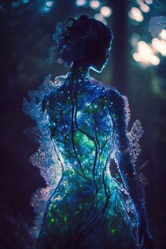 a woman standing in the woods with her back to the camera, illuminated by bright lights