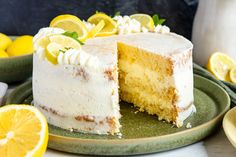 a lemon cake with one slice cut out