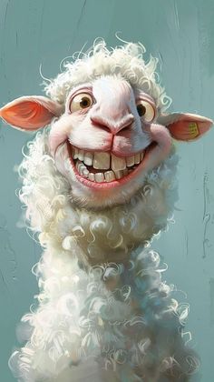 a painting of a smiling sheep with curly hair