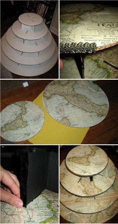 there are several pictures of different things made out of maps and paper plates on top of each other