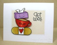 a handmade greeting card with a coffee cup and heart on the front, saying get well