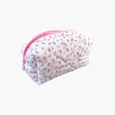 a pink and white flowered cosmetic bag