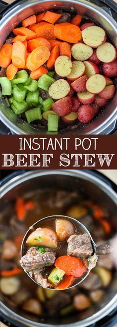 instant pot beef stew with carrots, potatoes and celery in the slow cooker