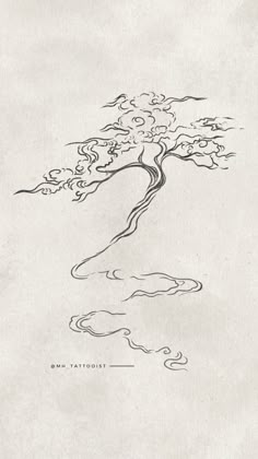 an ink drawing of a tree with water flowing down it's branches and clouds in the sky