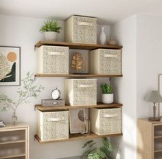 the shelves are filled with baskets and plants