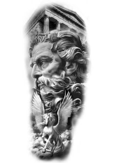 an artistic tattoo design on the leg of a man's arm with a black and white image of a face