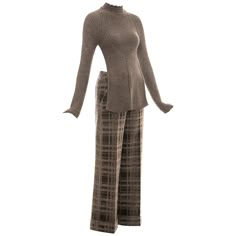 Alexander McQueen grey knitted backless sweater and checked mohair wide-leg pants. Fall-Winter 1999 90s Wardrobe, Black Halter Jumpsuit, Mohair Sweater Knit, Barbie Closet, Backless Sweater, Black Skirt Suit, Givenchy Couture, Knitted Pants, Suits Outfits