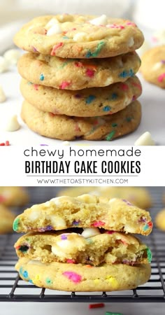 chewy homemade birthday cake cookies stacked on top of each other