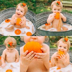 a collage of photos showing a baby in the bathtub with an orange