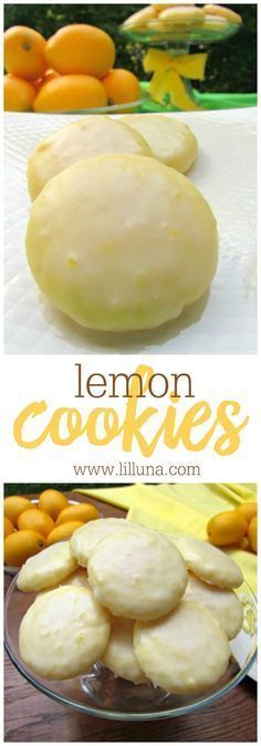 lemon cookies on a plate with oranges in the background and text overlay that reads lemon cookies