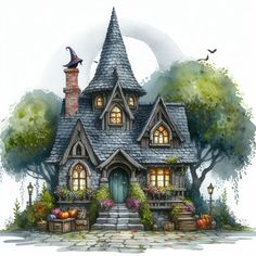 a drawing of a fairy house with pumpkins and flowers