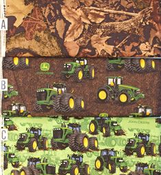 four different pictures of tractors on green and brown fabric, with the words john deere written