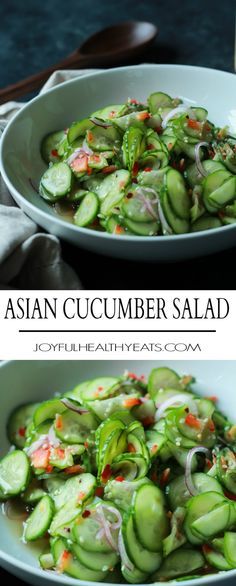 An easy to make Asian Cucumber Salad that's full of crunchy cucumber, rice wine vinegar, and a few secret ingredients! Can be served as a refreshing summer salad or the condiment to a sandwich! | joyfulhealthyeats.com Cucumber Rice, Asian Cucumber Salad, Cucumber Recipes Salad, Rice Wine Vinegar, Quick Easy Dinner, Rice Wine, Wine Vinegar