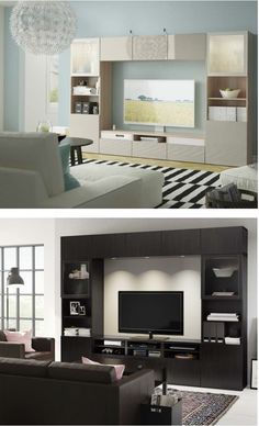 modern living room furniture with black and white accents, including the entertainment center in an open concept