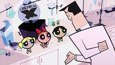 the powerpuff girls are standing in front of an animated kitchen with cartoon characters