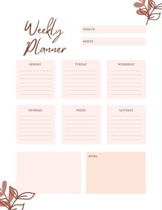 a weekly planner with pink flowers and leaves in the corner, on a white background