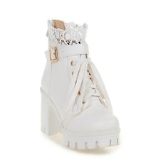 Lasaky - White Short Ankle Boots with Chunky Heels and Strap Detail – Martin Style Short Boots Womens White Boots, Lace Ankle Boots, Short Ankle Boots, Popular Boots, Platform Ankle Boots, Women Boots, Martin Boots, Thick Heels, Heeled Ankle Boots