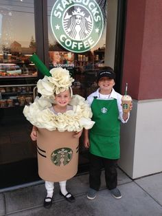 two children dressed up as starbucks coffee characters