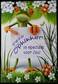 a frog holding a sign in front of flowers and grass with the words drukker is special vor jou